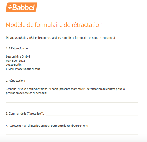 Formulaire rétractation Babbel